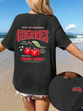 Women'WB shield Cherries & Letter Print Round Neck Tee, Casual Fruit Print Short Sleeve T-shirt for Summer, Ladies TNF...