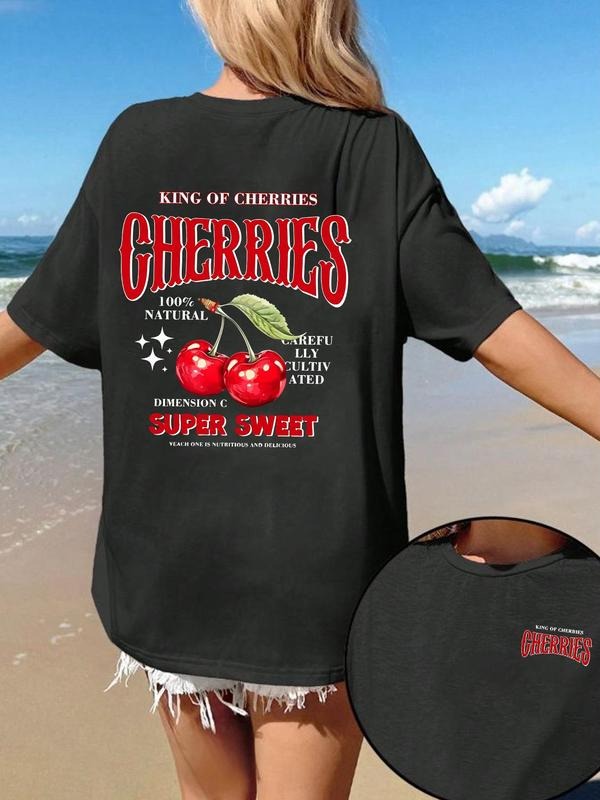 Women'WB shield Cherries & Letter Print Round Neck Tee, Casual Fruit Print Short Sleeve T-shirt for Summer, Ladies TNF...