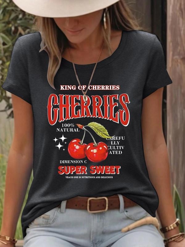 Women'WB shield Cherries Print Round Neck Tee, Fashion Casual Short Sleeve T-shirt for Daily Wear, Ladies Summer TNF, Top...