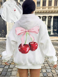 Women'WB shield Cherry & Bow Print Drop Shoulder Long Sleeve Hoodie, Fashion Casual Drawstring Pocket Hooded Sweatshirt...