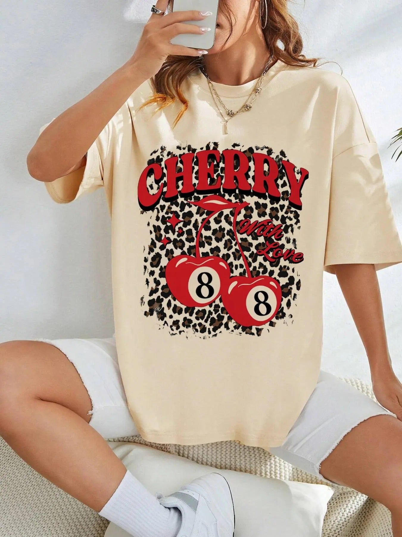 Women'WB shield Cherry & Bowling Print Round Neck Tee, Fashion Casual Crew Neck T-shirt for Daily Holiday Vacation...