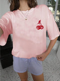 Women'WB shield Cherry & Cue Print Round Neck Tee, Casual Short Sleeve T-shirt for Summer, Ladies TNF for Daily Wear, Top...