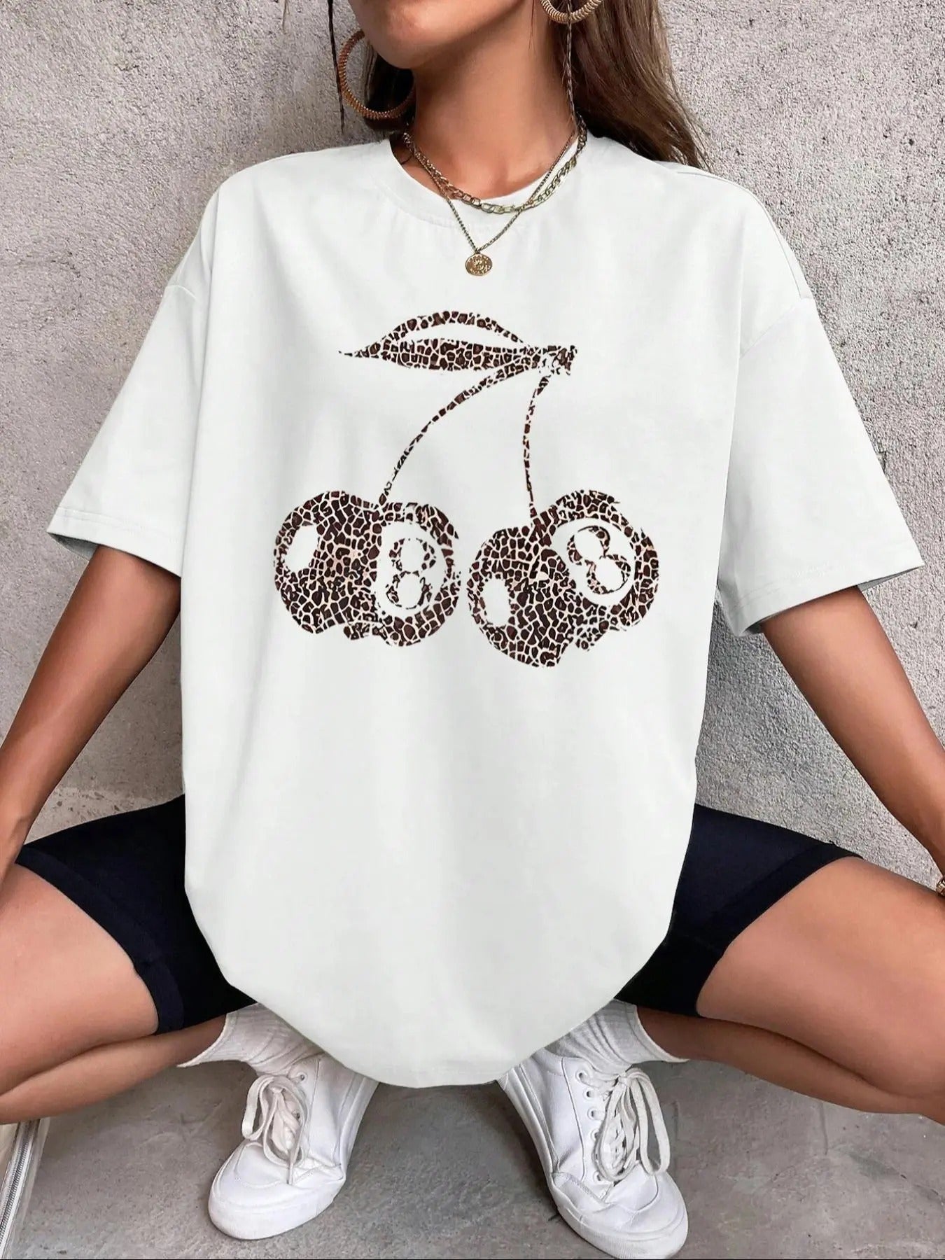 Women'WB shield Cherry & Leopard Print Drop Shoulder Tee, Casual Half Sleeve Round Neck T-shirt for Fall & Winter,...