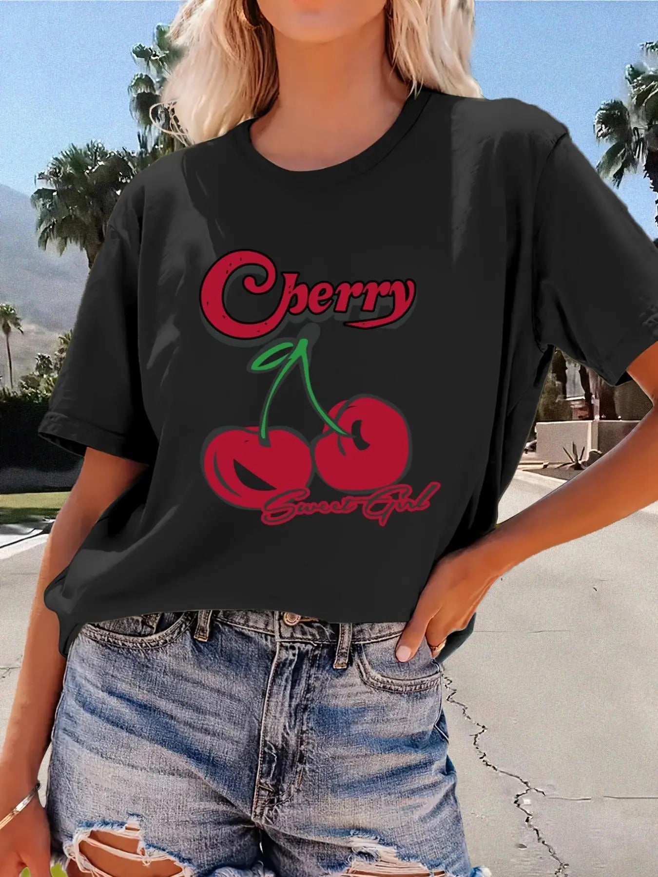 Women'WB shield Cherry & Letter Graphic Round Neck Tee, Fashion Casual Crew Neck Drop Shoulder T-Shirt for Daily Holiday...