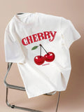 Women'WB shield Cherry & Letter Graphic Round Neck Tee, Fashion Casual Crew Neck T-shirt for Daily Outdoor Wear, Ladies...