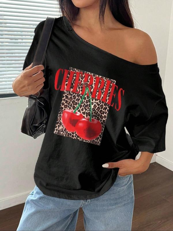 Women'WB shield Cherry & Letter Print Cold Shoulder Tee, Casual Fashion Scoop Neck T-shirt for Summer, Women'WB shield...
