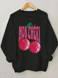 Women'WB shield Cherry & Letter Print Crew Neck Sweatshirt, Casual Long Sleeve Pullover Sweatshirts for Fall & Winter,...