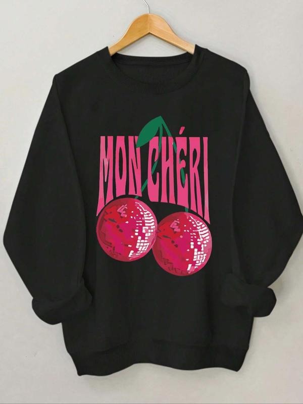 Women'WB shield Cherry & Letter Print Crew Neck Sweatshirt, Casual Long Sleeve Pullover Sweatshirts for Fall & Winter,...