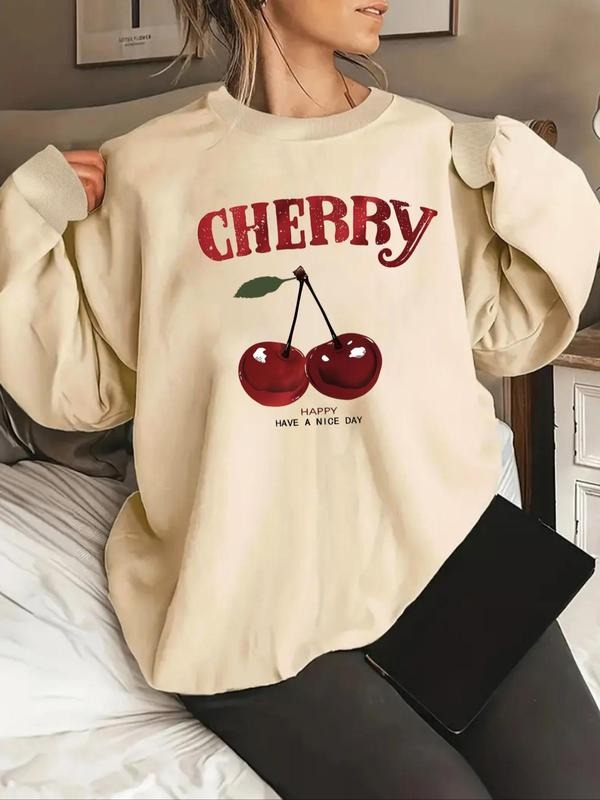 Women'WB shield Cherry & Letter Print Crew Neck Sweatshirt, Casual Long Sleeve Pullover for Fall & Winter, Women'WB...