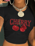 Women'WB shield Cherry & Letter Print Crop Tee, Fashion Casual Crew Neck Short Sleeve T-Shirt for Daily Holiday Vacation...