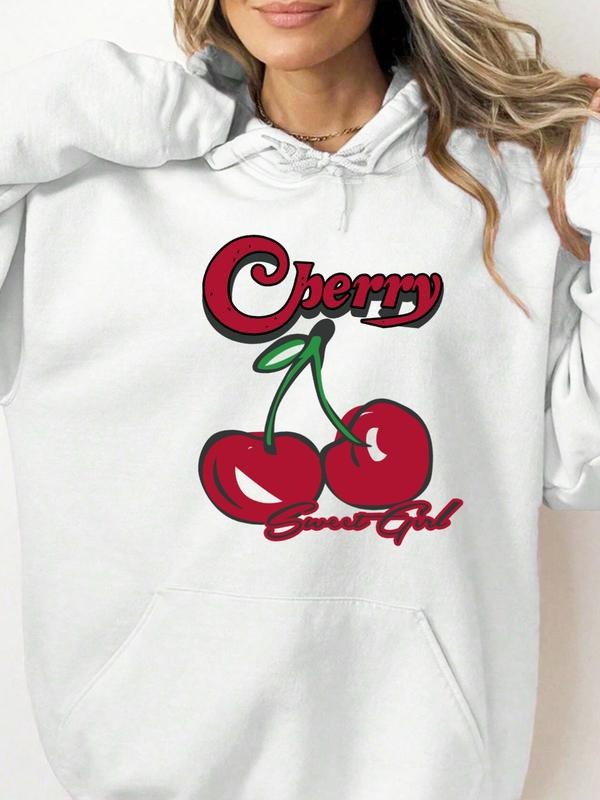 Women'WB shield Cherry & Letter Print Drawstring Pocket Hoodie, Casual Long Sleeve Hooded Sweatshirt for Fall & Winter,...