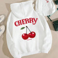 Women'WB shield Cherry & Letter Print Drawstring Pocket Hoodie, Fashion Casual Long Sleeve Hooded Sweatshirt for Daily...