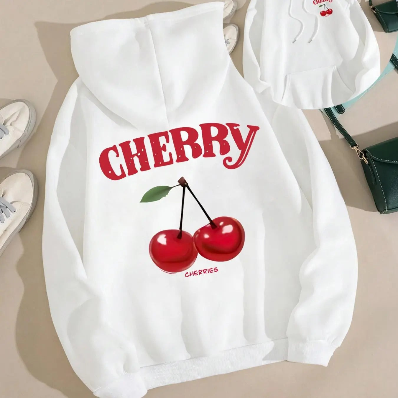 Women'WB shield Cherry & Letter Print Drawstring Pocket Hoodie, Fashion Casual Long Sleeve Hooded Sweatshirt for Daily...