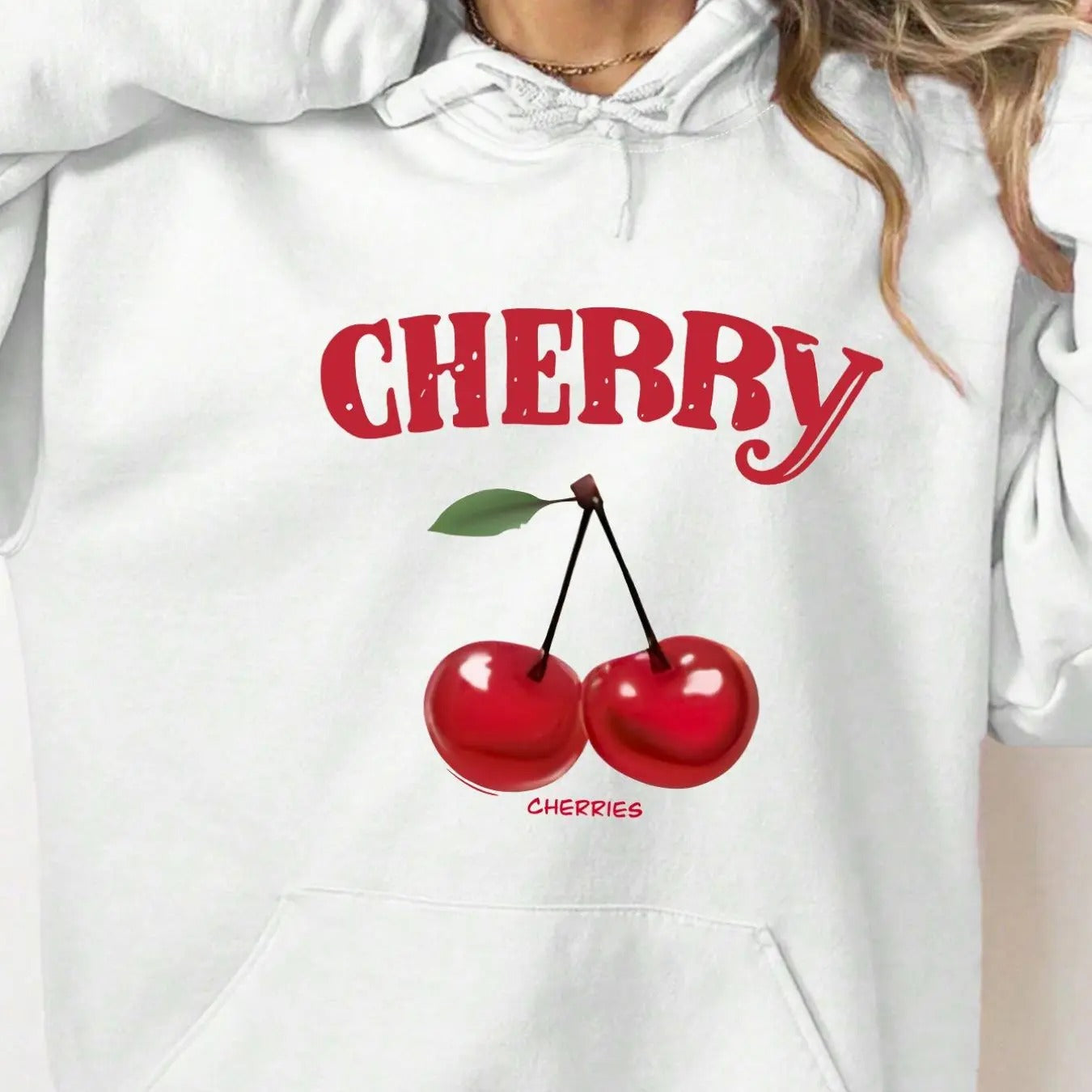 Women'WB shield Cherry & Letter Print Drop Shoulder Fleece Hoodie, Fashion Casual Drawstring Pocket Hooded Sweatshirt for...