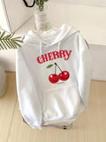 Women'WB shield Cherry & Letter Print Drop Shoulder Hoodie, Fashion Casual Drawstring Pocket Hooded Sweatshirt for Daily...