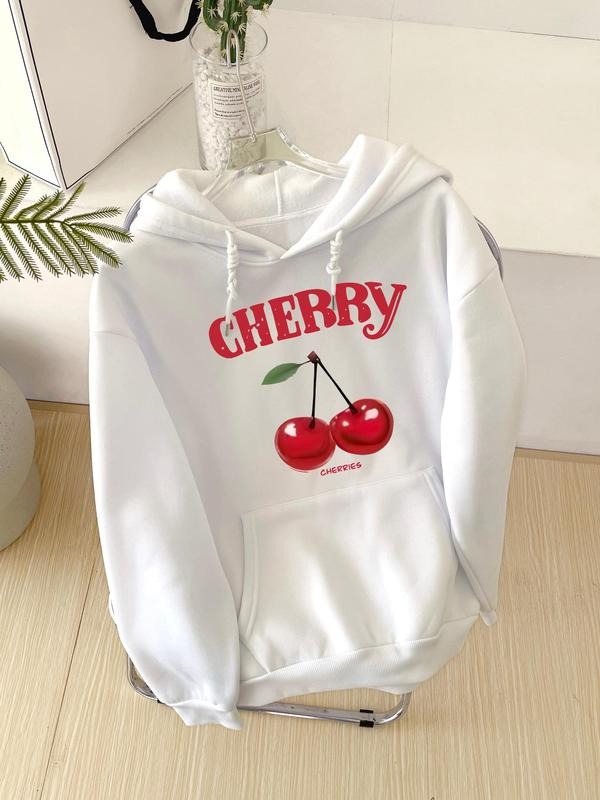 Women'WB shield Cherry & Letter Print Drop Shoulder Hoodie, Fashion Casual Drawstring Pocket Hooded Sweatshirt for Daily...
