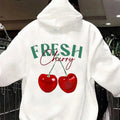 Women'WB shield Cherry & Letter Print Drop Shoulder Hoodie, Fashion Casual Drawstring Pocket Hooded Sweatshirt for Daily...