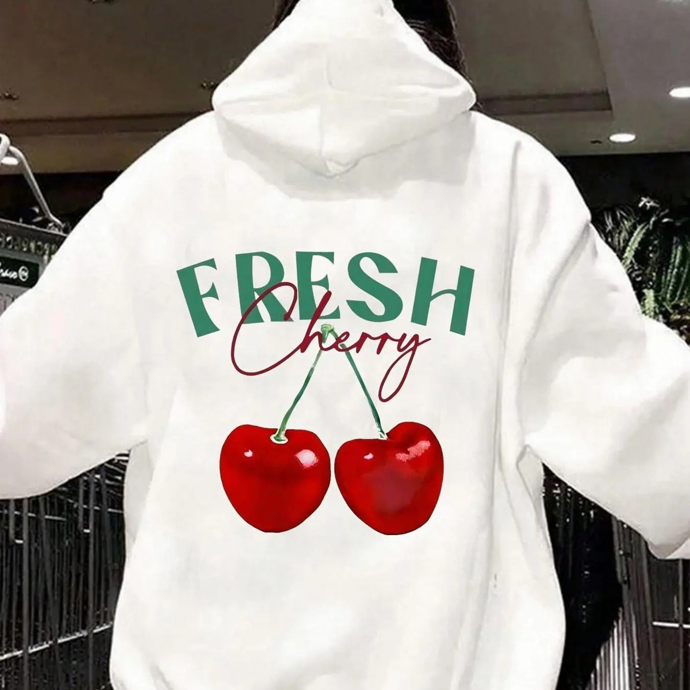 Women'WB shield Cherry & Letter Print Drop Shoulder Hoodie, Fashion Casual Drawstring Pocket Hooded Sweatshirt for Daily...