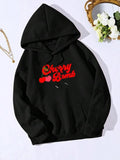 Women'WB shield Cherry & Letter Print Drop Shoulder Hoodie, Fashion Casual Drawstring Pocket Hooded Sweatshirt for Daily...