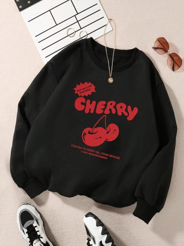 Women'WB shield Cherry & Letter Print Drop Shoulder Round Neck Sweatshirt, Loose Casual FOG Comfy Long Sleeve Crew Neck...