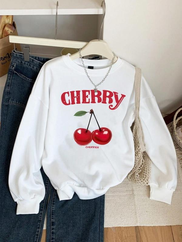 Women'WB shield Cherry & Letter Print Drop Shoulder Sweatshirt, Casual Long Sleeve Round Neck Pullover for Daily Wear,...