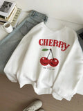 Women'WB shield Cherry & Letter Print Drop Shoulder Sweatshirt, Casual Long Sleeve Round Neck Pullover for Fall & Winter,...