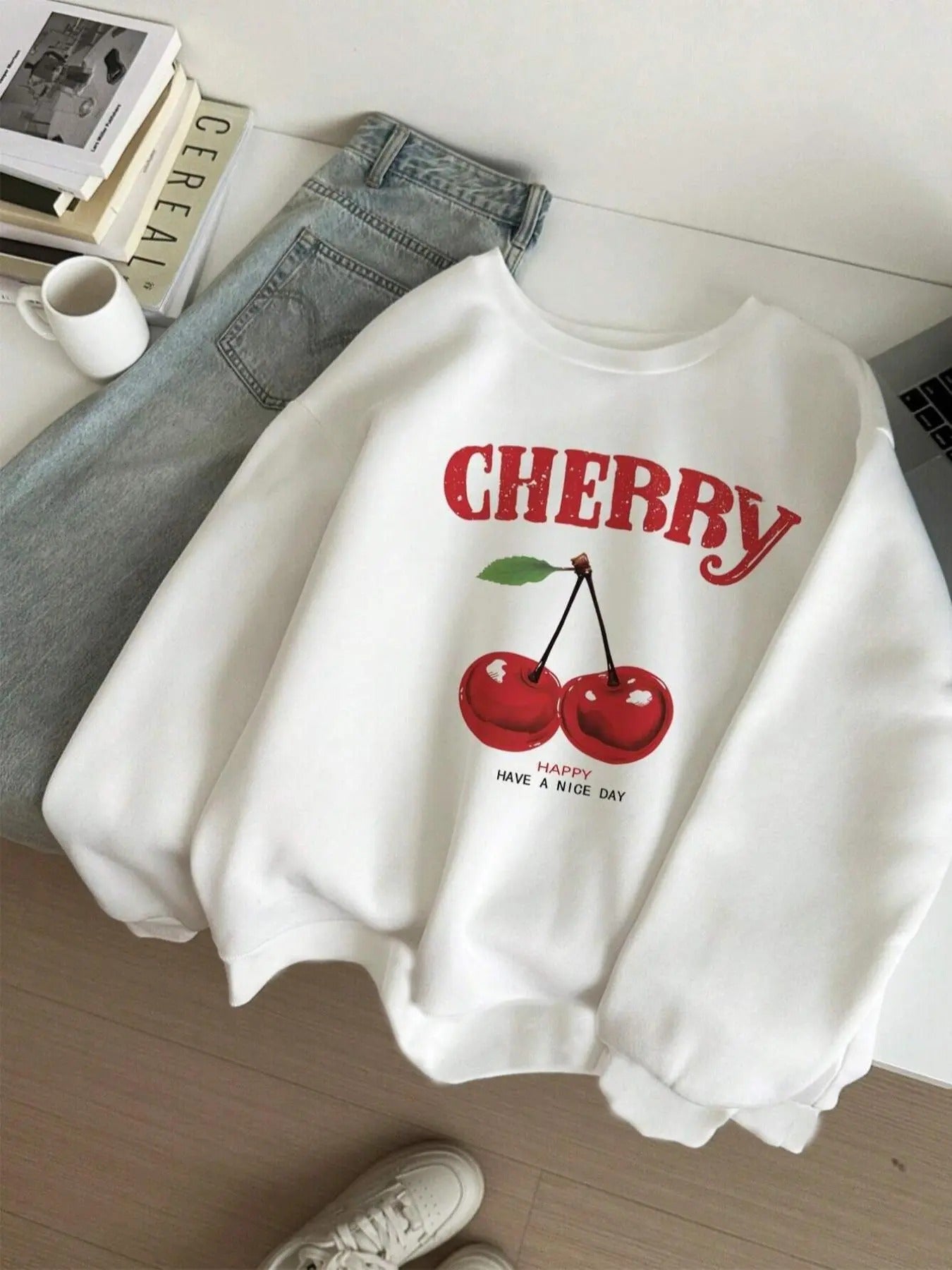 Women'WB shield Cherry & Letter Print Drop Shoulder Sweatshirt, Casual Long Sleeve Round Neck Pullover for Fall & Winter,...
