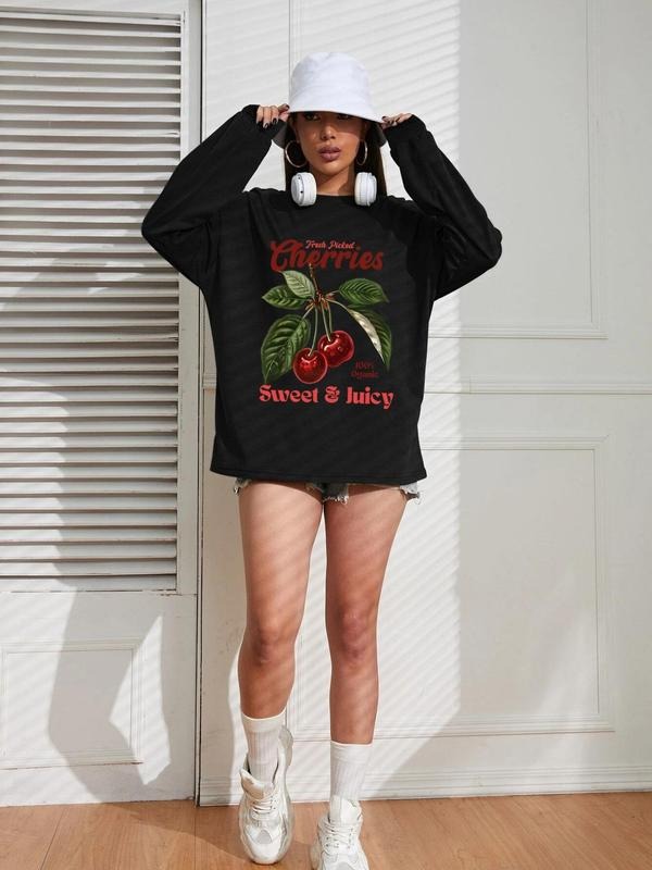 Women'WB shield Cherry & Letter Print Drop Shoulder TNF Lined Sweatshirt, Casual Long Sleeve Round Neck Pullover for Fall...