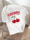 Women'WB shield Cherry & Letter Print Drop Shoulder Tee, Casual Short Sleeve Round Neck T-Shirt for Daily Wear, Ladies...