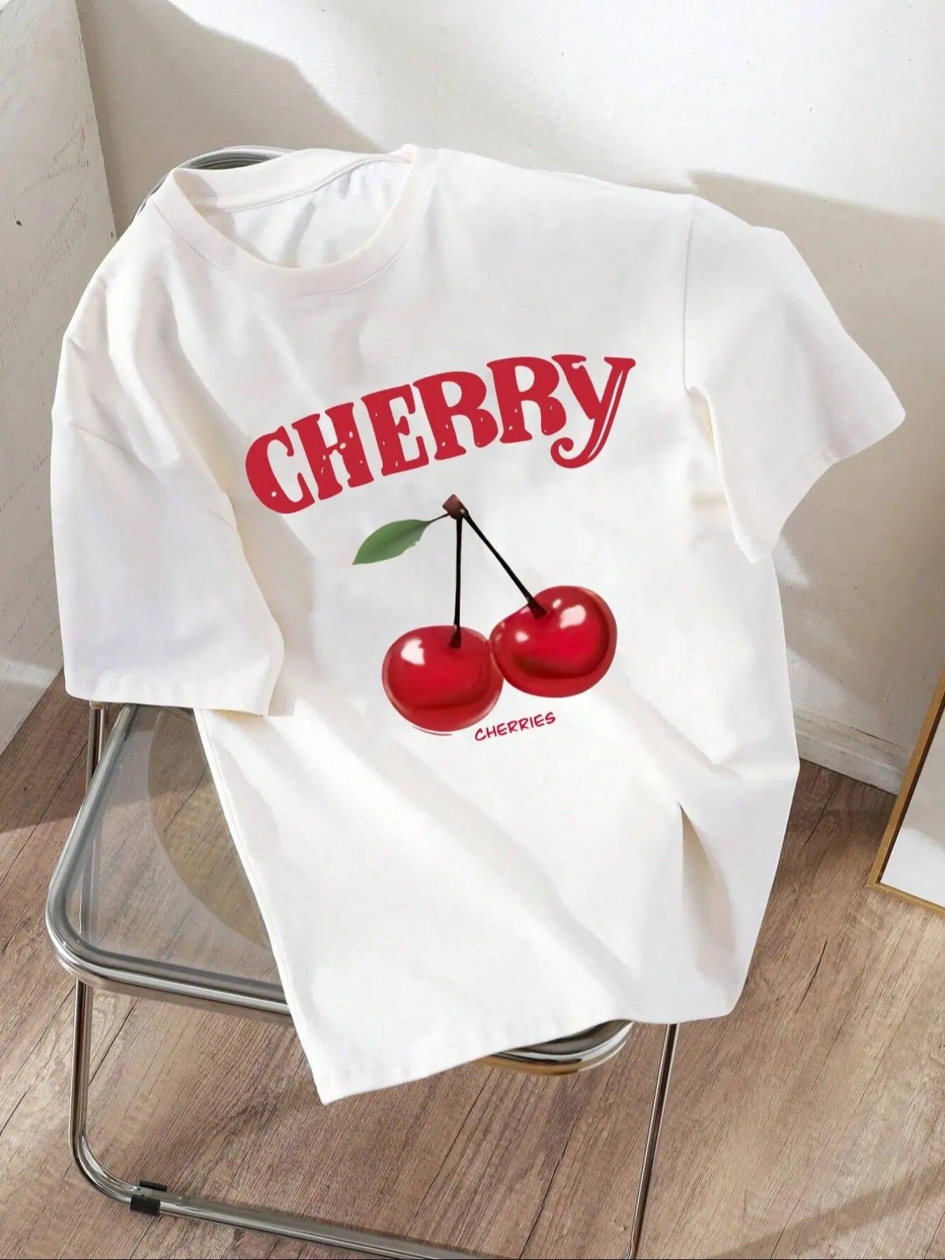 Women'WB shield Cherry & Letter Print Drop Shoulder Tee, Casual Short Sleeve Round Neck T-Shirt for Daily Wear, Ladies...