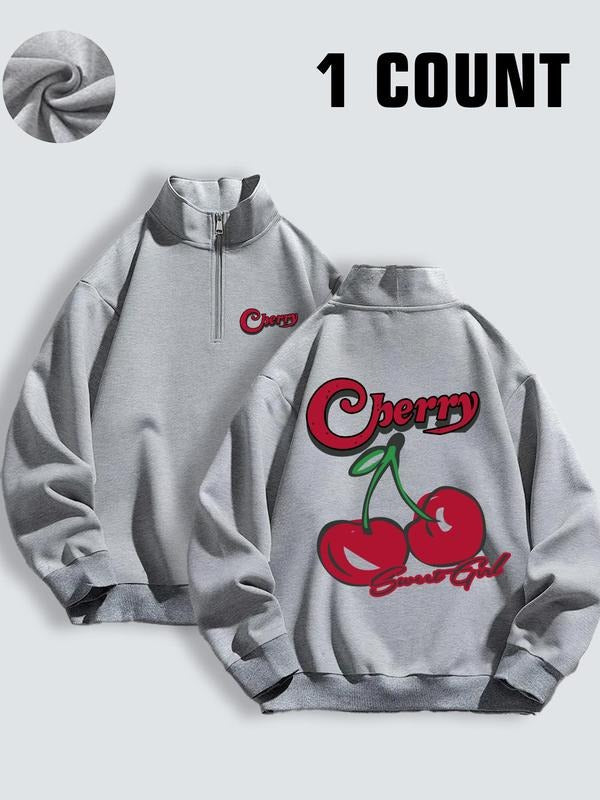 Women'WB shield Cherry & Letter Print Half Zip Drop Shoulder Sweatshirt, Casual Long Sleeve Stand Collar Pullover for...
