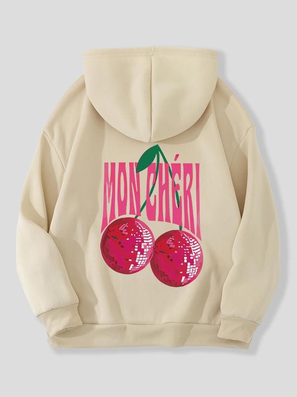 Women'WB shield Cherry & Letter Print Hoodie, Fashion Casual Drawstring Hooded Sweatshirt for Daily Wear, Women Clothing...
