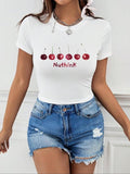 Women'WB shield Cherry & Letter Print Round Neck Crop Tee, Casual Slim-fitting Short Sleeve T-shirt, Ladies Summer TNF...