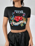 Women'WB shield Cherry & Letter Print Round Neck Graphic Tee, Fashion Casual Crew Neck T-shirt for Daily Holiday Vacation...