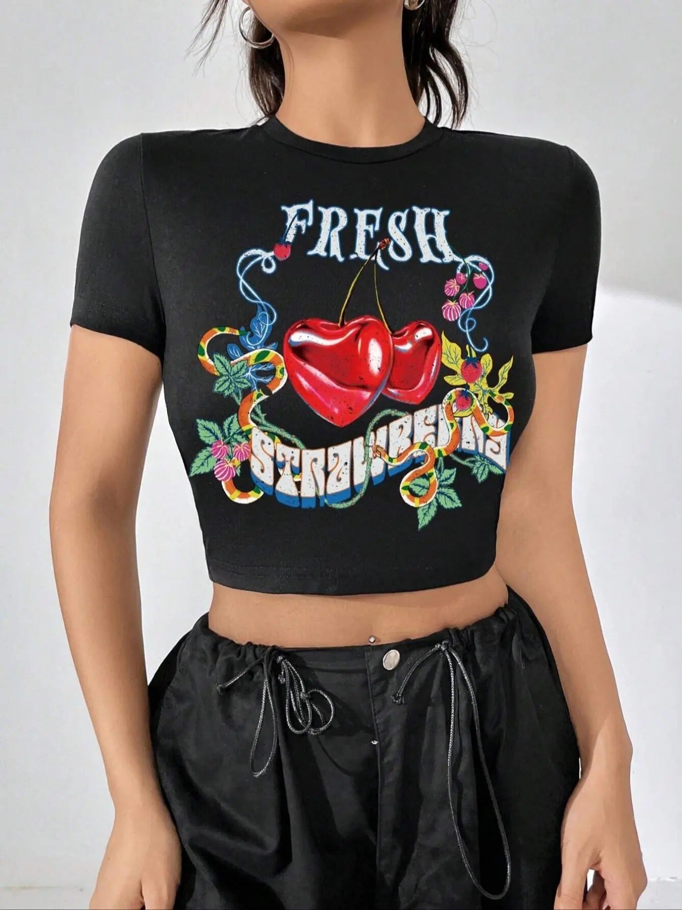 Women'WB shield Cherry & Letter Print Round Neck Graphic Tee, Fashion Casual Crew Neck T-shirt for Daily Holiday Vacation...
