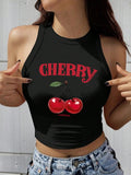 Women'WB shield Cherry & Letter Print Round Neck Tank Top, Casual Sleeveless Crew Neck Top for Summer, Ladies TNF for...
