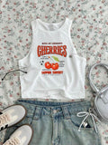 Women'WB shield Cherry & Letter Print Round Neck Tank Top, Casual Sleeveless Crew Neck Top for Summer, Ladies TNF for...
