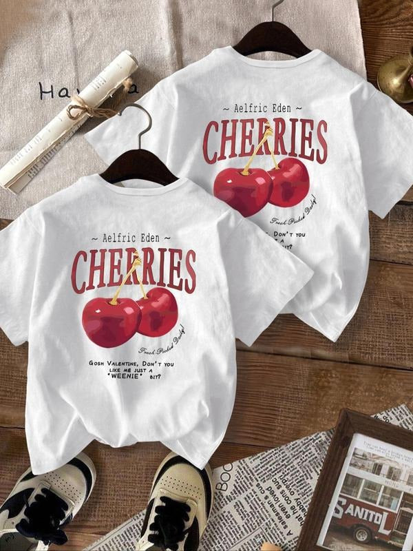 Women'WB shield Cherry & Letter Print Round Neck Tee, 2 Counts Trendy Casual Short Sleeve Graphic T-Shirt for Daily Wear,...