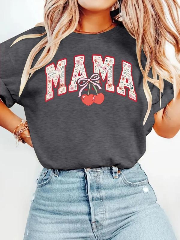 Women'WB shield Cherry & Letter Print Round Neck Tee, Casual Fashion Short Sleeve T-shirt for Summer, Ladies TNF for...