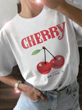 Women'WB shield Cherry & Letter Print Round Neck Tee, Casual Short Sleeve Crew Neck T-shirt for Daily Wear, Ladies TNF...