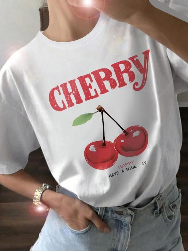 Women'WB shield Cherry & Letter Print Round Neck Tee, Casual Short Sleeve Crew Neck T-shirt for Daily Wear, Ladies TNF...