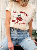 Women'WB shield Cherry & Letter Print Round Neck Tee, Casual Short Sleeve Crew Neck T-shirt for Summer, Women'WB shield...
