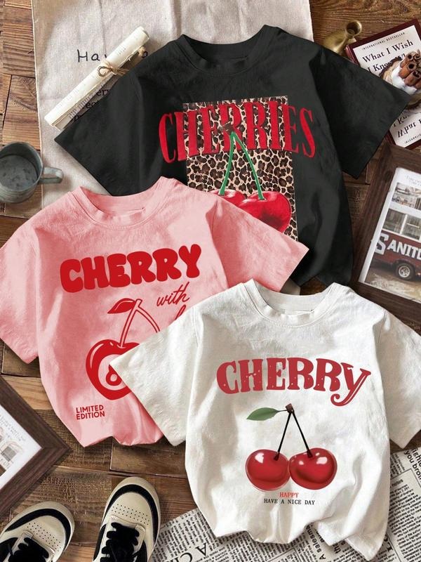 Women'WB shield Cherry & Letter Print Round Neck Tee, Casual Short Sleeve T-shirt for Summer, Ladies TNF for Daily Wear,...
