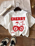 Women'WB shield Cherry & Letter Print Round Neck Tee, Casual Slogan Graphic Short Sleeve T-Shirt for Summer, Ladies TNF...