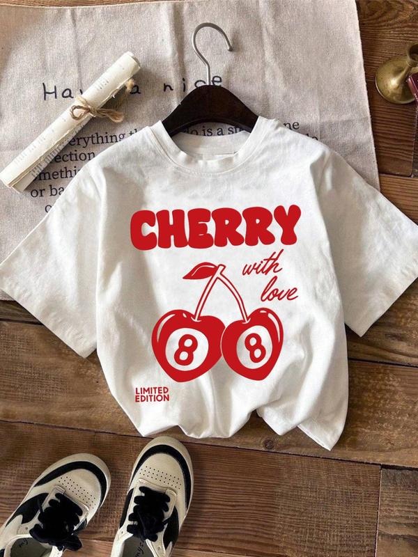 Women'WB shield Cherry & Letter Print Round Neck Tee, Casual Slogan Graphic Short Sleeve T-Shirt for Summer, Ladies TNF...