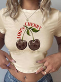 Women'WB shield Cherry & Letter Print Round Neck Tee, Casual Y2K Short Sleeve T-shirt for Summer, Women'WB shield Top for...