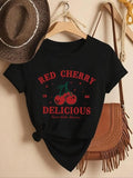 Women'WB shield Cherry & Letter Print Round Neck Tee, Fashion Casual Crew Neck Short Sleeve T-shirt for Daily Holiday...
