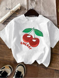 Women'WB shield Cherry & Letter Print Round Neck Tee, Fashion Casual Short Sleeve T-Shirt for Summer, Ladies TNF for...
