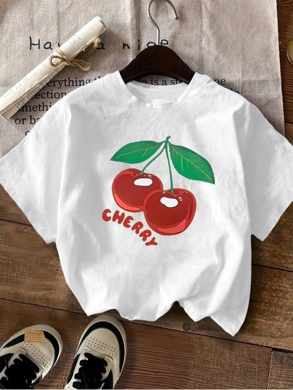 Women'WB shield Cherry & Letter Print Round Neck Tee, Fashion Casual Short Sleeve T-Shirt for Summer, Ladies TNF for...