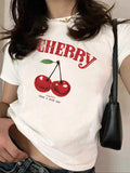 Women'WB shield Cherry & Letter Print Round Neck Tee, Fashion Casual Short Sleeve T-shirt, Ladies Summer TNF for Daily...